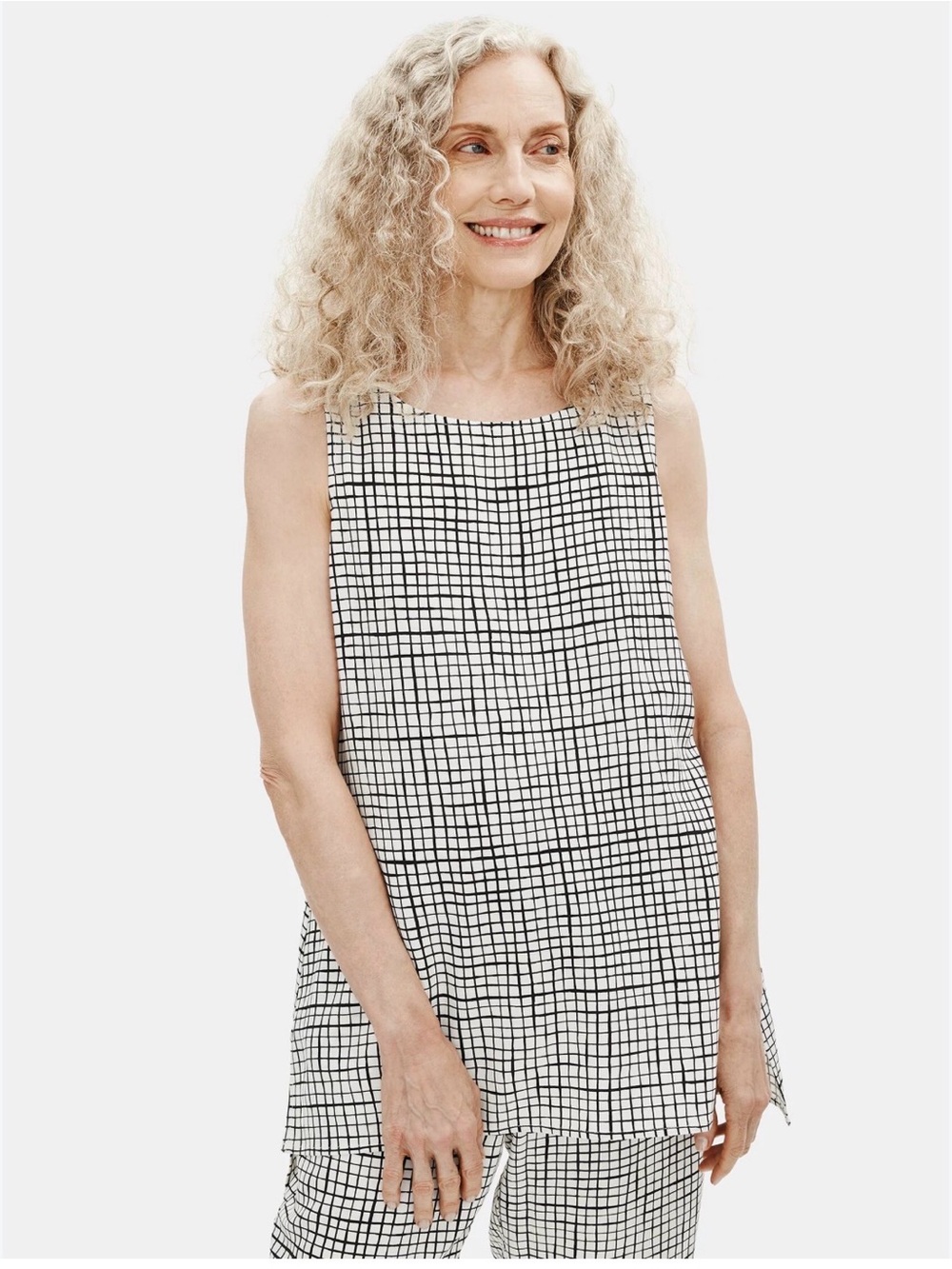 Eileen Fisher bone and black grid print sleeveless tencel blend tunic